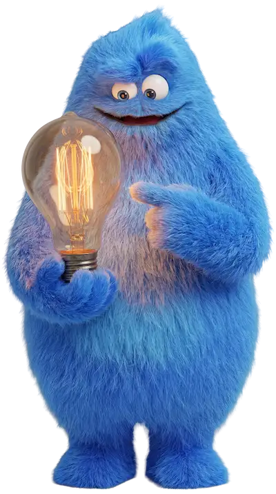 Mascotte bleue de mesfournisseurs.be qui aide les consommateurs à économiser sur l'énergie, les télécoms et les assurances